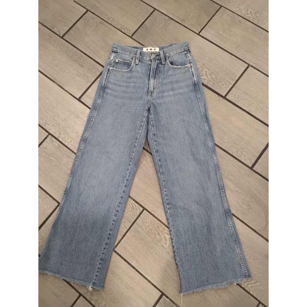 AMO Frida High Rise Wide Leg Jeans Light Wash‎ Raw Hem Blue Denim Size 24